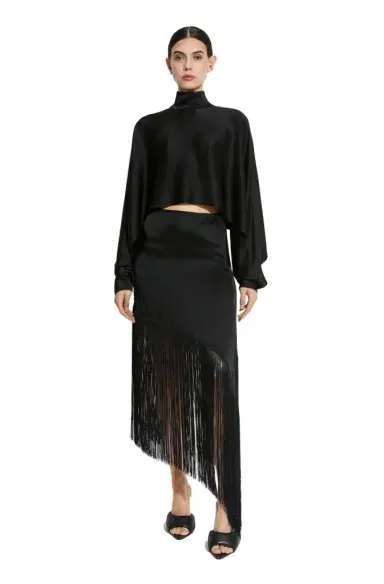 LAPOINTE Satin Asymmetric Fringe Skirt | Thumbnail 1 LAPOINTE Satin Asymmetric Fringe Skirt | Thumbnail 1