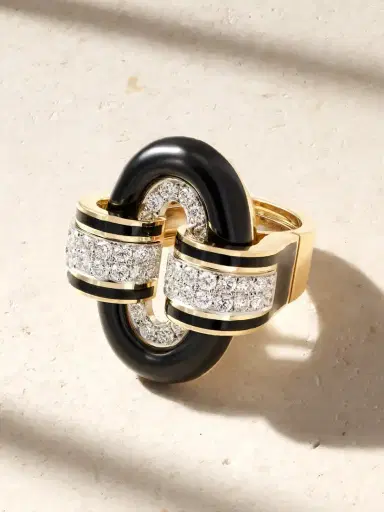 DAVID WEBB Small Oval Buckle 18-karat Gold, Platinum, Onyx, Diamond And Enamel Ring | Thumbnail 1 DAVID WEBB Small Oval Buckle 18-karat Gold, Platinum, Onyx, Diamond And Enamel Ring | Thumbnail 1