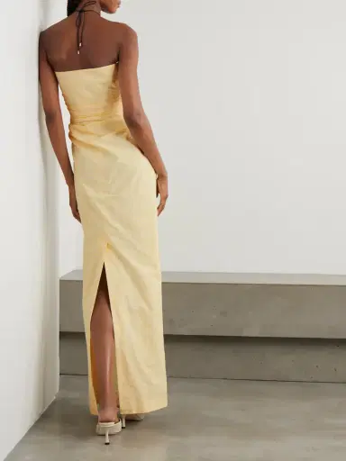 BERNADETTE Vera Strapless Ruched Striped Cotton-seersucker Maxi Dress | Thumbnail 3 BERNADETTE Vera Strapless Ruched Striped Cotton-seersucker Maxi Dress | Thumbnail 3