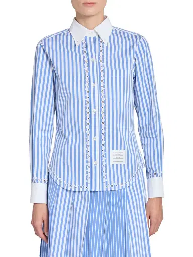 Thom Browne Women's Striped Eyelet Cotton Button-Down Shirt - White | Thumbnail 3 Thom Browne Women's Striped Eyelet Cotton Button-Down Shirt - White | Thumbnail 3