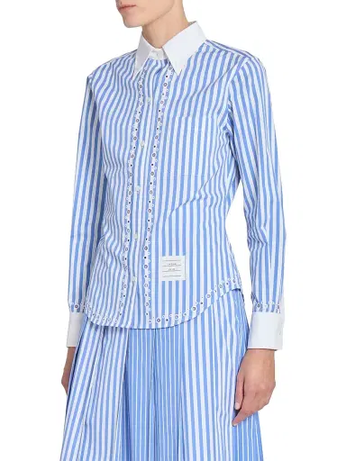 Thom Browne Women's Striped Eyelet Cotton Button-Down Shirt - White | Thumbnail 4 Thom Browne Women's Striped Eyelet Cotton Button-Down Shirt - White | Thumbnail 4