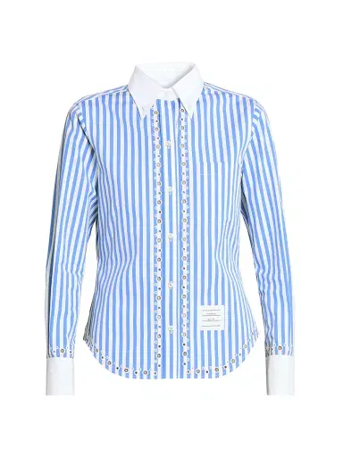 Thom Browne Women's Striped Eyelet Cotton Button-Down Shirt - White | Thumbnail 1 Thom Browne Women's Striped Eyelet Cotton Button-Down Shirt - White | Thumbnail 1