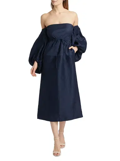 Rosie Assoulin Women's Off-The-Shoulder Balloon-Sleeve Midi-Dress - Navy - Size 8 | Thumbnail 2 Rosie Assoulin Women's Off-The-Shoulder Balloon-Sleeve Midi-Dress - Navy - Size 8 | Thumbnail 2