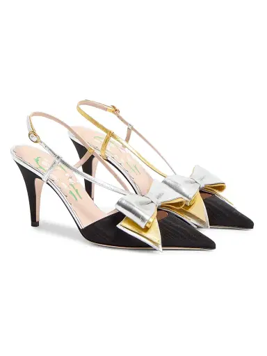 Valentino Garavani Women's Bowow Slingback 85MM Pumps in Moirè Fabric - Blacksilver Antique Gold | Thumbnail 2 Valentino Garavani Women's Bowow Slingback 85MM Pumps in Moirè Fabric - Blacksilver Antique Gold | Thumbnail 2