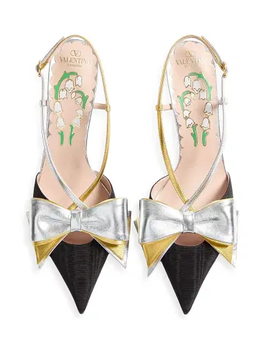 Valentino Garavani Women's Bowow Slingback 85MM Pumps in Moirè Fabric - Blacksilver Antique Gold | Thumbnail 4 Valentino Garavani Women's Bowow Slingback 85MM Pumps in Moirè Fabric - Blacksilver Antique Gold | Thumbnail 4