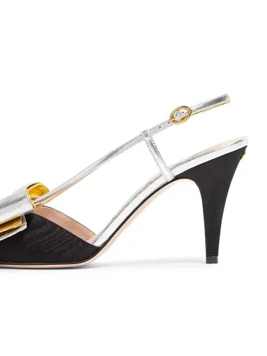 Valentino Garavani Women's Bowow Slingback 85MM Pumps in Moirè Fabric - Blacksilver Antique Gold | Thumbnail 5 Valentino Garavani Women's Bowow Slingback 85MM Pumps in Moirè Fabric - Blacksilver Antique Gold | Thumbnail 5