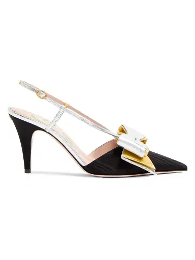 Valentino Garavani Women's Bowow Slingback 85MM Pumps in Moirè Fabric - Blacksilver Antique Gold | Thumbnail 1 Valentino Garavani Women's Bowow Slingback 85MM Pumps in Moirè Fabric - Blacksilver Antique Gold | Thumbnail 1