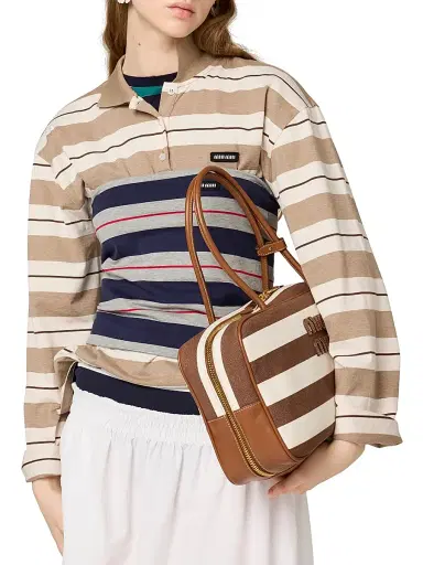 Miu Miu Women's Beau Canvas and Leather Shoulder Bag - Brown White | Thumbnail 2 Miu Miu Women's Beau Canvas and Leather Shoulder Bag - Brown White | Thumbnail 2