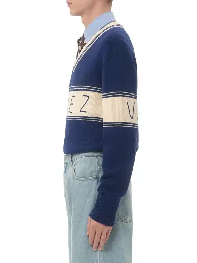 Valentino Garavani Men's Wool and Cotton Sweater with Pattern - Blue Butter | Thumbnail 3 Valentino Garavani Men's Wool and Cotton Sweater with Pattern - Blue Butter | Thumbnail 3