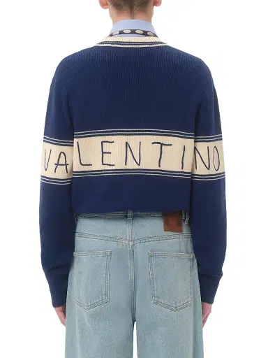Valentino Garavani Men's Wool and Cotton Sweater with Pattern - Blue Butter | Thumbnail 4 Valentino Garavani Men's Wool and Cotton Sweater with Pattern - Blue Butter | Thumbnail 4