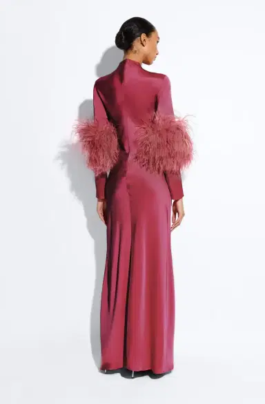 LAPOINTE Satin Tab Gown With Feathers | Thumbnail 2 LAPOINTE Satin Tab Gown With Feathers | Thumbnail 2