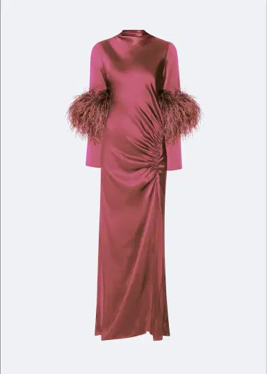 LAPOINTE Satin Tab Gown With Feathers | Thumbnail 3 LAPOINTE Satin Tab Gown With Feathers | Thumbnail 3