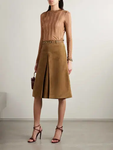 Gucci Horsebit-detailed Leather-trimmed Pleated Suede Midi Skirt | Thumbnail 2 Gucci Horsebit-detailed Leather-trimmed Pleated Suede Midi Skirt | Thumbnail 2