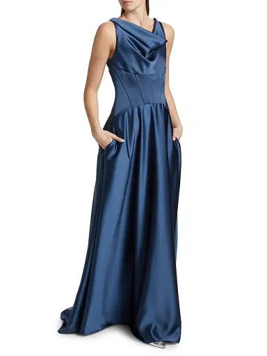 Amsale Women's Satin Cowl Neck Gown - French Blue | Thumbnail 2 Amsale Women's Satin Cowl Neck Gown - French Blue | Thumbnail 2