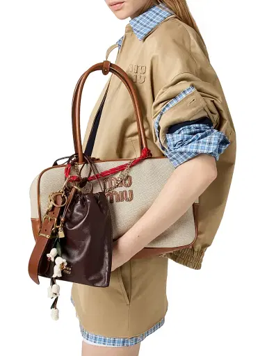 Miu Miu Women's Beau Canvas and Leather Top Handle Bag - Beige Khaki | Thumbnail 3 Miu Miu Women's Beau Canvas and Leather Top Handle Bag - Beige Khaki | Thumbnail 3