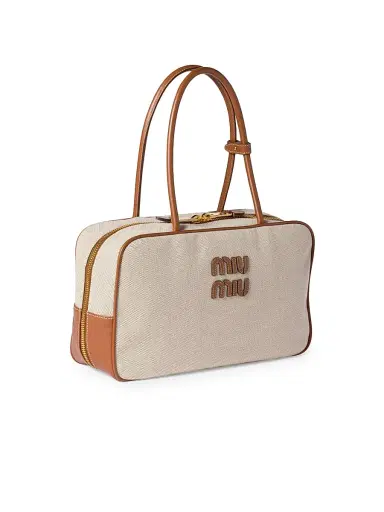 Miu Miu Women's Beau Canvas and Leather Top Handle Bag - Beige Khaki | Thumbnail 4 Miu Miu Women's Beau Canvas and Leather Top Handle Bag - Beige Khaki | Thumbnail 4