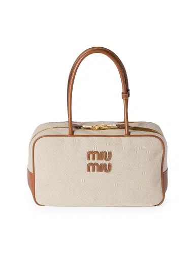 Miu Miu Women's Beau Canvas and Leather Top Handle Bag - Beige Khaki | Thumbnail 1 Miu Miu Women's Beau Canvas and Leather Top Handle Bag - Beige Khaki | Thumbnail 1