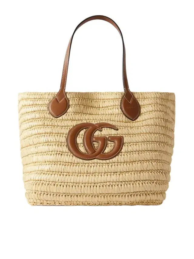 Gucci Leather-trimmed Raffia Tote
