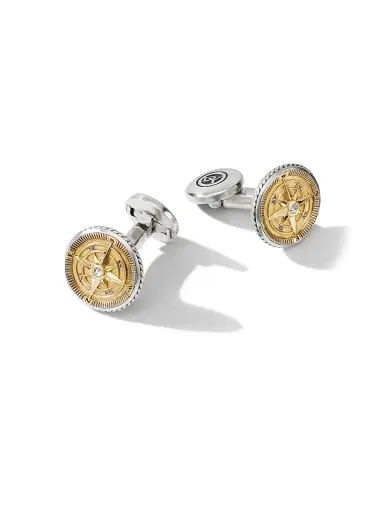 David Yurman Men's Maritime Compass Cufflinks in Sterling Silver with 18K Yellow Gold and Center Diamond, 16mm | Thumbnail 2 David Yurman Men's Maritime Compass Cufflinks in Sterling Silver with 18K Yellow Gold and Center Diamond, 16mm | Thumbnail 2