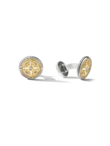 David Yurman Men's Maritime Compass Cufflinks in Sterling Silver with 18K Yellow Gold and Center Diamond, 16mm | Thumbnail 1 David Yurman Men's Maritime Compass Cufflinks in Sterling Silver with 18K Yellow Gold and Center Diamond, 16mm | Thumbnail 1