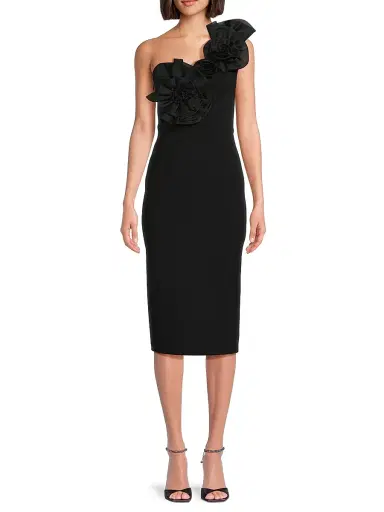 Aidan Mattox Women's Crepe Floral-Appliqué One-Shoulder Midi-Dress - Black | Thumbnail 3 Aidan Mattox Women's Crepe Floral-Appliqué One-Shoulder Midi-Dress - Black | Thumbnail 3