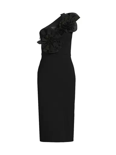 Aidan Mattox Women's Crepe Floral-Appliqué One-Shoulder Midi-Dress - Black | Thumbnail 1 Aidan Mattox Women's Crepe Floral-Appliqué One-Shoulder Midi-Dress - Black | Thumbnail 1