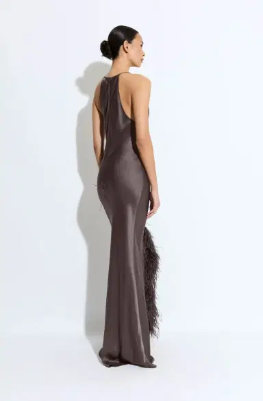 LAPOINTE Satin Halter Gown With Feathers | Thumbnail 2 LAPOINTE Satin Halter Gown With Feathers | Thumbnail 2