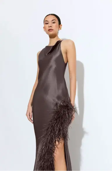 LAPOINTE Satin Halter Gown With Feathers | Thumbnail 3 LAPOINTE Satin Halter Gown With Feathers | Thumbnail 3