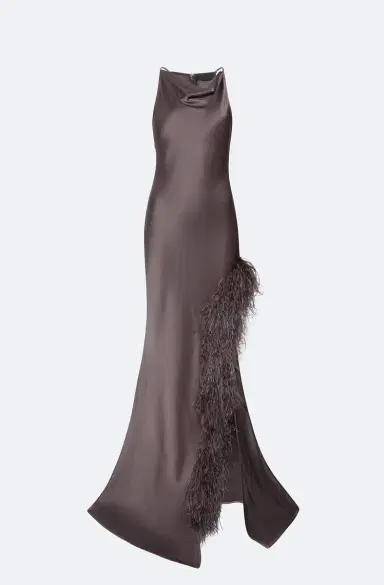 LAPOINTE Satin Halter Gown With Feathers | Thumbnail 4 LAPOINTE Satin Halter Gown With Feathers | Thumbnail 4