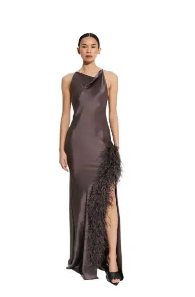 LAPOINTE Satin Halter Gown With Feathers | Thumbnail 1 LAPOINTE Satin Halter Gown With Feathers | Thumbnail 1