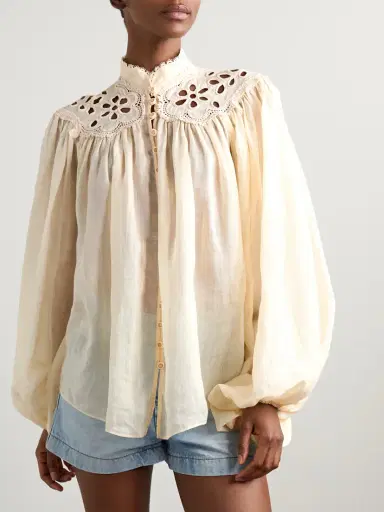 Zimmermann Coco Broderie Anglaise-trimmed Ramie Blouse | Thumbnail 3 Zimmermann Coco Broderie Anglaise-trimmed Ramie Blouse | Thumbnail 3