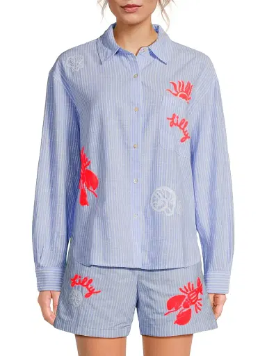 Lilly Pulitzer Women's Bondi Cotton Shirt - Jacaranda Blue Beach Day - Size Medium | Thumbnail 3 Lilly Pulitzer Women's Bondi Cotton Shirt - Jacaranda Blue Beach Day - Size Medium | Thumbnail 3