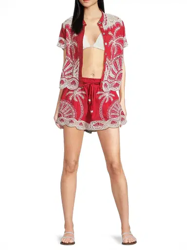 Farm Rio Women's Palm Trees Crochet Short-Sleeve Shirt - Red | Thumbnail 2 Farm Rio Women's Palm Trees Crochet Short-Sleeve Shirt - Red | Thumbnail 2