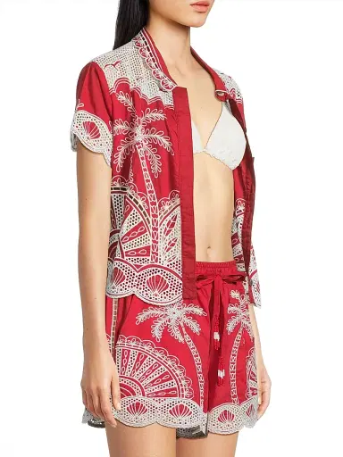 Farm Rio Women's Palm Trees Crochet Short-Sleeve Shirt - Red | Thumbnail 4 Farm Rio Women's Palm Trees Crochet Short-Sleeve Shirt - Red | Thumbnail 4
