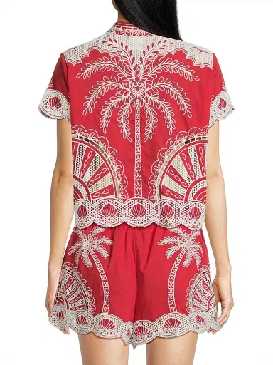 Farm Rio Women's Palm Trees Crochet Short-Sleeve Shirt - Red | Thumbnail 5 Farm Rio Women's Palm Trees Crochet Short-Sleeve Shirt - Red | Thumbnail 5