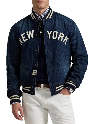 Polo Ralph Lauren Men's Yankees Denim Bomber Jacket - Blue | Thumbnail 4 Polo Ralph Lauren Men's Yankees Denim Bomber Jacket - Blue | Thumbnail 4