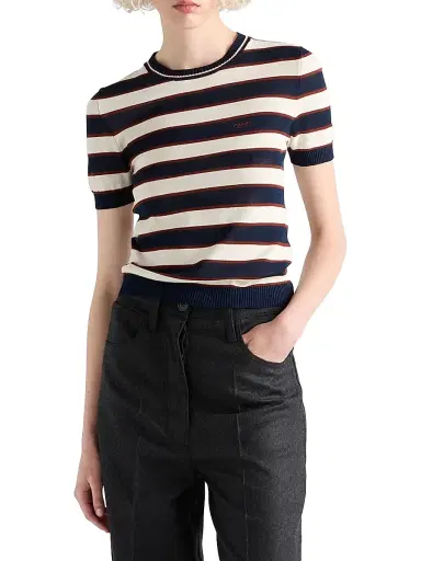 Prada Women's Striped Crew-Neck Cotton Sweater - Navy | Thumbnail 2 Prada Women's Striped Crew-Neck Cotton Sweater - Navy | Thumbnail 2