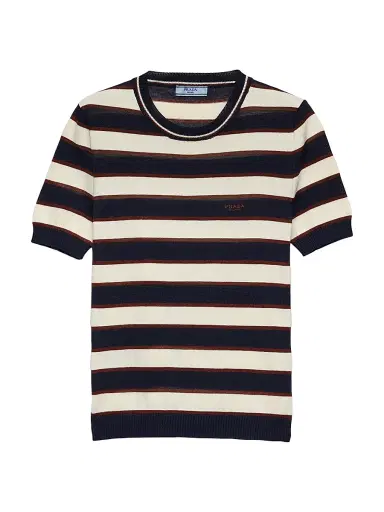 Prada Women's Striped Crew-Neck Cotton Sweater - Navy | Thumbnail 1 Prada Women's Striped Crew-Neck Cotton Sweater - Navy | Thumbnail 1