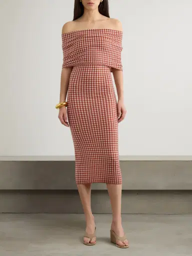 Alaïa Off-the-shoulder Checked Stretch-knit Midi Dress | Thumbnail 2 Alaïa Off-the-shoulder Checked Stretch-knit Midi Dress | Thumbnail 2