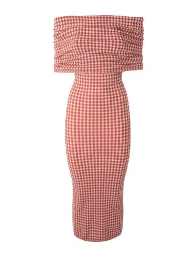 Alaïa Off-the-shoulder Checked Stretch-knit Midi Dress | Thumbnail 1 Alaïa Off-the-shoulder Checked Stretch-knit Midi Dress | Thumbnail 1