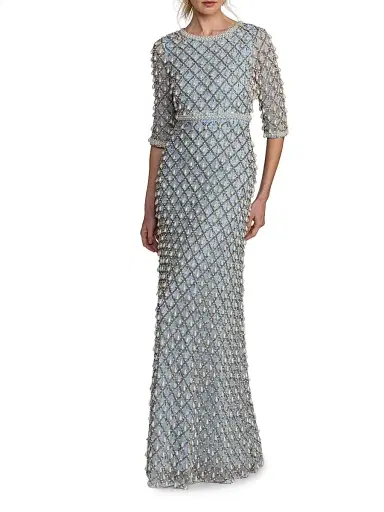 Mac Duggal Women's Evening Pearl Embellished Mesh Gown - Vintage Blue - Size 20 | Thumbnail 1 Mac Duggal Women's Evening Pearl Embellished Mesh Gown - Vintage Blue - Size 20 | Thumbnail 1