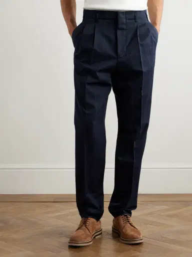 Brunello Cucinelli Tapered Pleated Pinstriped Wool and Cotton-Blend Trousers - Men | Thumbnail 4 Brunello Cucinelli Tapered Pleated Pinstriped Wool and Cotton-Blend Trousers - Men | Thumbnail 4