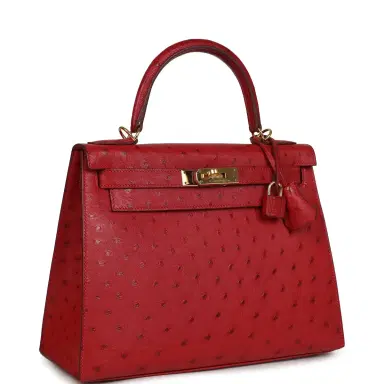 HERMÈS Pre-owned Hermes Kelly Sellier 28 Rouge Vif Ostrich Gold Hardware | Thumbnail 2 HERMÈS Pre-owned Hermes Kelly Sellier 28 Rouge Vif Ostrich Gold Hardware | Thumbnail 2
