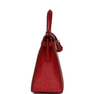 HERMÈS Pre-owned Hermes Kelly Sellier 28 Rouge Vif Ostrich Gold Hardware | Thumbnail 3 HERMÈS Pre-owned Hermes Kelly Sellier 28 Rouge Vif Ostrich Gold Hardware | Thumbnail 3
