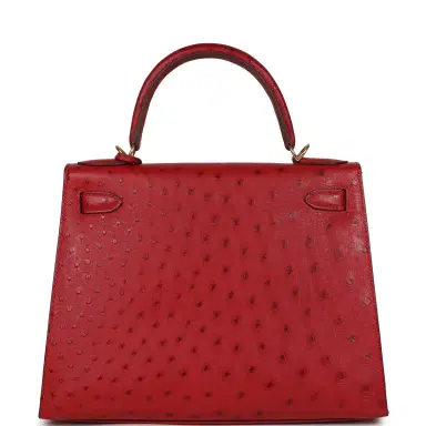 HERMÈS Pre-owned Hermes Kelly Sellier 28 Rouge Vif Ostrich Gold Hardware | Thumbnail 4 HERMÈS Pre-owned Hermes Kelly Sellier 28 Rouge Vif Ostrich Gold Hardware | Thumbnail 4