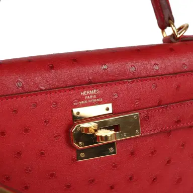 HERMÈS Pre-owned Hermes Kelly Sellier 28 Rouge Vif Ostrich Gold Hardware | Thumbnail 7 HERMÈS Pre-owned Hermes Kelly Sellier 28 Rouge Vif Ostrich Gold Hardware | Thumbnail 7