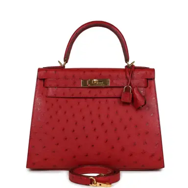HERMÈS Pre-owned Hermes Kelly Sellier 28 Rouge Vif Ostrich Gold Hardware | Thumbnail 1 HERMÈS Pre-owned Hermes Kelly Sellier 28 Rouge Vif Ostrich Gold Hardware | Thumbnail 1