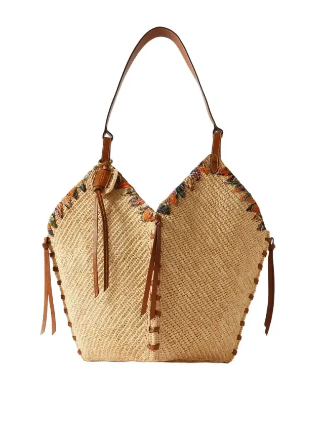 Isabel Marant Tampa Whipstitched Leather And Printed Silk-trimmed Raffia Shoulder Bag