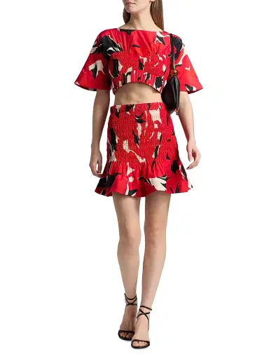 AMUR Women's Elle Smocked Cotton-Silk Crop Top - Red Bloom | Thumbnail 2 AMUR Women's Elle Smocked Cotton-Silk Crop Top - Red Bloom | Thumbnail 2