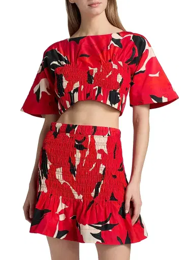 AMUR Women's Elle Smocked Cotton-Silk Crop Top - Red Bloom | Thumbnail 3 AMUR Women's Elle Smocked Cotton-Silk Crop Top - Red Bloom | Thumbnail 3